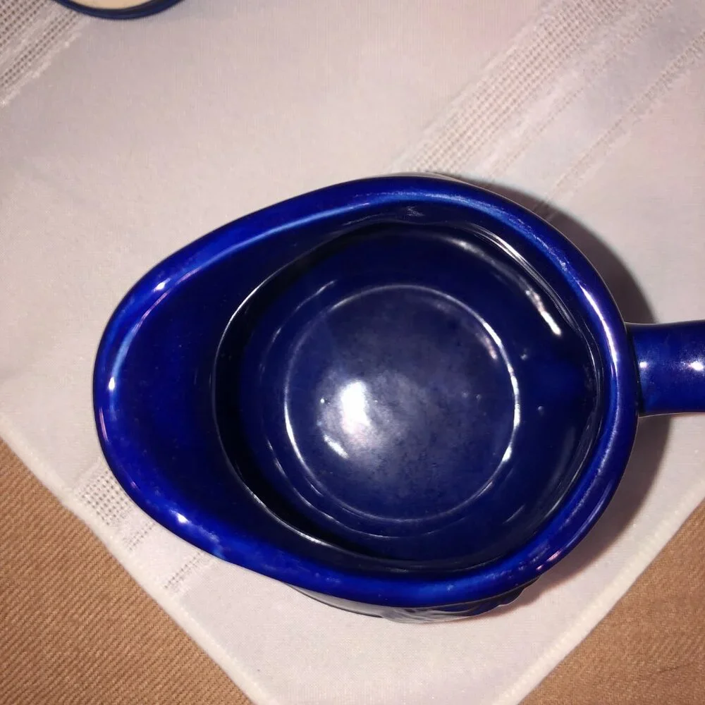 Cobalt Blue Ceramic Creamer Pitcher & Sugar Set featuring embossed fruit design - Picture 4 of 9